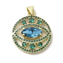 Brass Micro Pave Cubic Zirconia Pendants, with Glass, Real 18K Gold Plated, Flat Round with Eye, Deep Sky Blue, 26x22x5.5mm, Hole: 3.3x3.7mm(KK-E092-30G-05)