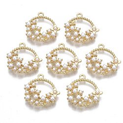 Alloy Pendants, with ABS Plastic Imitation Pearl, Ring with Flower, Light Gold, 22.5x21.5x4.5mm, Hole: 1.8mm(X-PALLOY-T077-06)