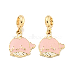Rack Plating Alloy Enamel Whale European Dangle Charms, Large Hole Pendants, Golden, Cadmium Free & Nickel Free & Lead Free, Pink, 29.5mm, Hole: 4.6mm, Whale: 19.5x17.5x2.5mm(FIND-B034-53G-01)