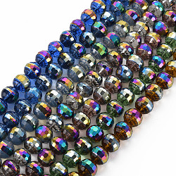 Electroplate Transparent Glass Beads Strands, Multi-color Plated, Faceted, Round, Mixed Color, 12x11mm, Hole: 1.5mm, about 33pcs/strand, 14.17 inch~14.57 inch(36~37cm)(EGLA-N006-033)