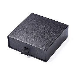 Paper Drawer Jewelry Set Box, with Black Sponge & Polyester Rope, for Necklaces and Earrings, Square, Black, 10x10x3.5cm(CON-P015-02A)
