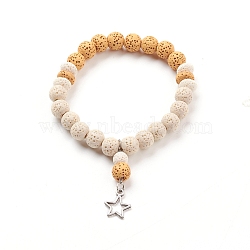 Natural Lava Rock Beads Stretch Charm Bracelets, with Antique Silver Plated Alloy Charms, Star, Seashell Color, Inner Diameter: 2-1/4 inch(5.6cm)(X-BJEW-E376-01E)