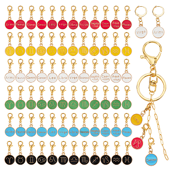 Elite 6 Sets 6 Colors Alloy Enamel Pendants Decoration, Lobster Claw Clasps Charms, Clip-on Charms, for Keychain, Purse, Backpack Ornament, Flat Round with Twelve Constellation Pattern, Mixed Color, 28mm, 1 set/color