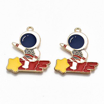 Alloy Enamel Pendants, Cadmium Free & Lead Free, Spaceman with Shooting Star, Light Gold, Colorful, 29.5x26x1.5mm, Hole: 1.6mm