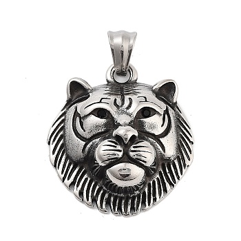 Retro 304 Stainless Steel Pendants, Antique Silver, Tiger, 35x31x11mm, Hole: 5x8.5mm