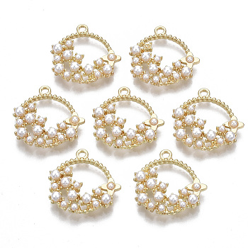 Alloy Pendants, with ABS Plastic Imitation Pearl, Ring with Flower, Light Gold, 22.5x21.5x4.5mm, Hole: 1.8mm