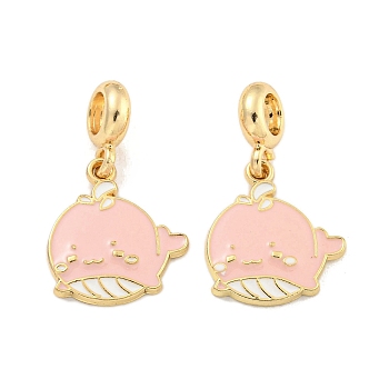 Rack Plating Alloy Enamel Whale European Dangle Charms, Large Hole Pendants, Golden, Cadmium Free & Nickel Free & Lead Free, Pink, 29.5mm, Hole: 4.6mm, Whale: 19.5x17.5x2.5mm