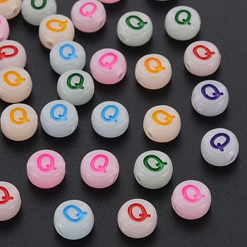 Acrylic Beads, Glow in the Dark, with Enamel and Luminous, Horizontal Hole, Flat Round with Alphabet, Letter.Q, 6.5x7x4mm, Hole: 1.6mm, about 3600pcs/500g