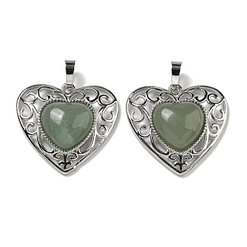 Natural Green Aventurine Peach Love Heart Pendants, Rack Plating Brass Hollow Heart Charms, Cadmium Free & Lead Free, 29.5x30.5x7.5mm, Hole: 7.5x5mm