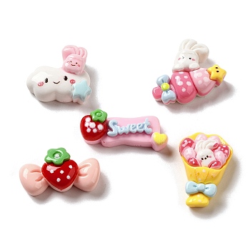 Opaque Cartoon Resin Decoden Cabochons, Rabbit with Cloud & Strawberry Candy & Rabbit with Strawberry, Mixed Shapes, Mixed Color, 11~23x17~26x5.5~8mm