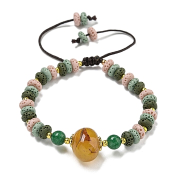 Dyed Natural Lava Rock Rondelle Braided Bead Bracelets, Dyed Natural Agate Link Bracelets for Women Men, Sea Green, Inner Diameter: 2~3-1/8 inch(5~8cm)