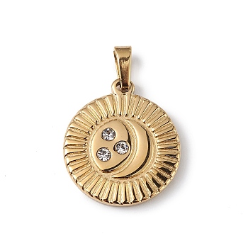 Ion Plating(IP) 304 Stainless Steel with Crystal Rhinestone Pendants, Flat Round with Moon Charms, Golden, 16x14x2mm, Hole: 3x4.5mm
