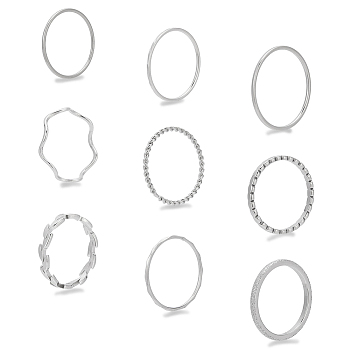 9Pcs 9 Style Leaf & Wave & Simple Thin Titanium Steel Finger Rings Set for Men Women, Stainless Steel Color, Inner Diameter: 19.8~20.1mm, 1Pc/style