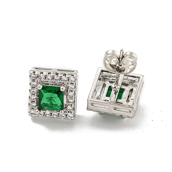 Square Brass Micro Pave Clear Cubic Zirconia Stud Earrings, with Emerald Rhinestone for Women, Platinum, 10x10mm