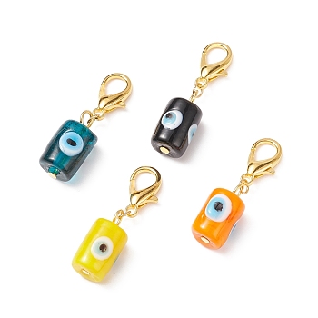 Evil Eye Lampwork Column Pendant Decorations, with Alloy Lobster Claw Clasps, Golden, 38mm