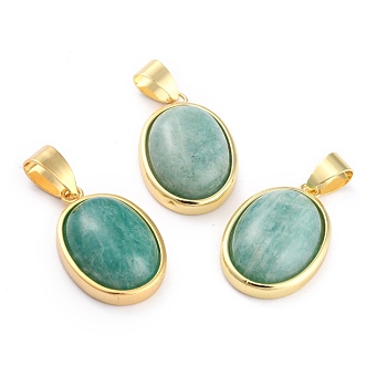 Natural Amazonite Pendants, with Golden Brass Findings, Oval, 21.5x14x6mm, Hole: 7x4mm