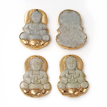 Electroplated Natural Jadeite Pendants, with Brass Findings, Buddha, 48x35.2x7.8mm, Hole: 1mm