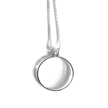 Flat Round Glass Magnifying Pendant Necklace, Zinc Alloy Rope Chain Necklace, Silver, 35.43 inch(90cm)