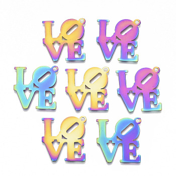 Ion Plating(IP) 201 Stainless Steel Pendants, Etched Metal Embellishments, Word Love, Rainbow Color, 25x24x0.3mm, Hole: 1.8mm