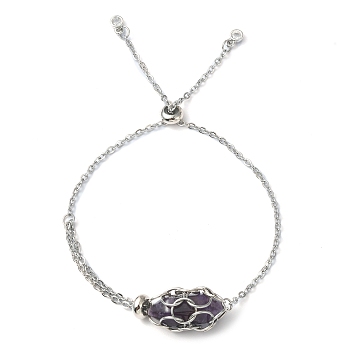 Natural Amethyst Bullet Link Slider Bracelets, with 304 Stainless Steel Macrame Pouch Chains, 10-1/4 inch(26cm)