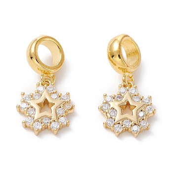 Brass Cubic Zirconia European Dangle Charms, Largr Hole Pendants, Long-Lasting Plated, Real 18K Gold Plated, Star, Clear, 20mm, Hole: 5mm, Pendant: 12x11x2mm