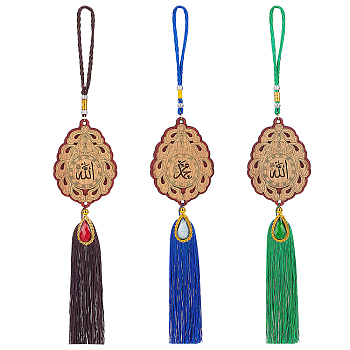 CHGCRAFT 3Pcs 3 Colors Polyester Tassel Pendant Decorations, with Wooden Links and Alloy Resin Pendants, Teardrop, Mixed Color, 372~390mm, 1pc/color
