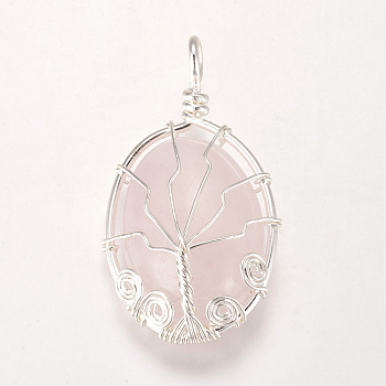 Natural Rose Quartz Pendants, with Brass Findings, Oval with Tree, Silver Color Plated, 39~39.5x22~23x9~10mm, Hole: 4mm
