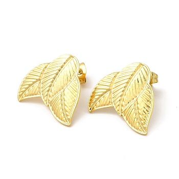 Ion Plating(IP) 304 Stainless Steel Stud Earrings Findings, with Vertical Loop, Leaf, Real 18K Gold Plated, 19.5x22mm, Hole: 2.5mm, Pin: 0.8mm