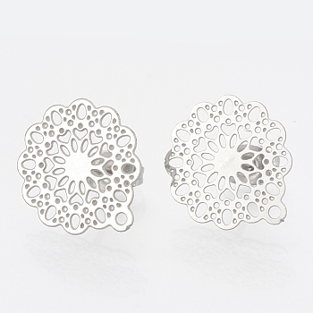 304 Stainless Steel Stud Earring Findings, with Loop, Flower, Stainless Steel Color, 16x14mm, Hole: 1mm, pin: 0.7mm
