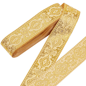 8 Yards Ethnic Style Polyester Ribbon, Jacquard Flower Ribbon, Clothing Accessories, Flat, Yellow, 1-1/4~1-3/8 inch(33~35mm)