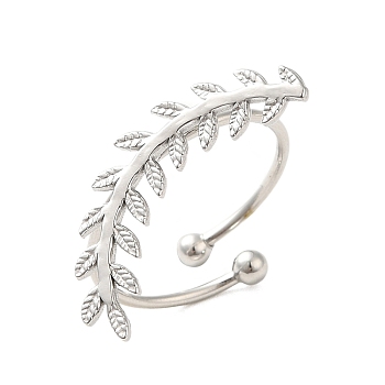 304 Stainless Steel Open Cuff Ring, Leaf, Stainless Steel Color, Inner Diameter: 18mm