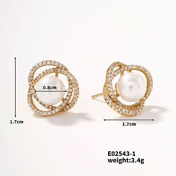 Shiny Women's Earrings with Hollow Design, Rhinestones and Imitation Pearl, Round, 17x17mm