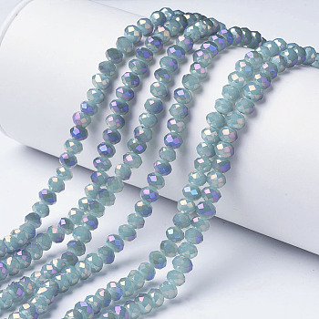 Electroplate Glass Beads Strands, Imitation Jade, Full Rainbow Plated, Faceted, Rondelle, Light Blue, 4x3mm, Hole: 0.4mm, about 123~127pcs/strand, 16.5~16.9 inch(42~43cm)