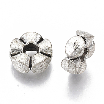 Tibetan Style Alloy European Beads, Large Hole Beads, Cadmium Free & Lead Free, 5-Petal Fowler, Antique Silver, 12x5mm, Hole: 4mm, about 450pcs/1000g