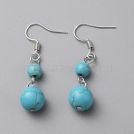 Natural Turquoise Round Beaded Dangle Earrings, Platinum Plated Iron Jewelry for Women, 43mm, Pin: 0.7mm(EJEW-WH0001-11D)