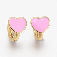Brass Enamel Huggie Hoop Earrings, Long-Lasting Plated, Heart, Real 18K Gold Plated, Pearl Pink, 10x15x2.5mm, Pin: 1mm(EJEW-L231-61C)