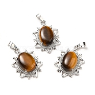 Natural Tiger Eye Pendants, Flower Charms, with Platinum Tone Brass Findings, Cadmium Free & Lead Free, 32x23x9.5~10.5mm, Hole: 7x5mm(G-B033-03P-16)