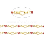 Rack Plating Brass Rhombus & Ring & Oval Link Chains, with Red Glass Beaded, Unwelded, with Spool, Lead Free & Cadmium Free, Real 18K Gold Plated, Link: 12x10x1mm, 5.5x1mm, 13x4.5mm, 8x2x3mm(CHC-F016-10G)
