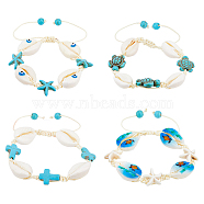 4Pcs 4 Style Natural Shell with Evil Eye Braided Bead Bracelets Set, Cross & Starfish & Turtle Polyester Adjustable Bracelets, Mixed Shapes, Inner Diameter: 2-1/8~3-1/2 inch(5.3~8.8cm), 1Pc/style(BJEW-FI0001-74)