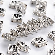 Brass Rhinestone Spacer Beads, Grade A, Nickel Free, Platinum Metal Color, Square, Crystal, 8x8x4mm, Hole: 1mm(RB-A013-8x8-01P-NF)