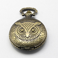 Vintage Zinc Alloy Quartz Watch Heads for Pocket Watch Pendant Necklace Making, Flat Round with Owl, Antique Bronze, 59x46x15mm, Hole: 15x5mm(WACH-R005-06)
