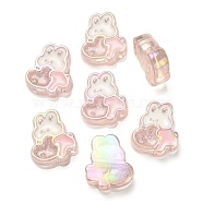 UV Plating Rainbow Iridescent Acrylic Enamel Beads, with Glitter Powder, Rabbit with Heart, Pink, 28x25x9mm, Hole: 3mm(OACR-G012-07A)