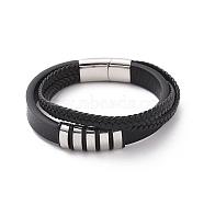 Black Microfibre Braided Cord Triple Layer Multi-strand Bracelet with 304 Stainless Steel Magnetic Clasps, Rectangle Beaded Punk Wristband for Men Women, Stainless Steel Color, 8-5/8 inch(22cm)(BJEW-P275-03P)