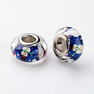 Large Hole Rondelle Resin European Beads, with Platinum Tone Brass Double Cores, Christmas, Marine Blue, 14x8mm, Hole: 5mm(RPDL-H003-36)