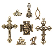80Pcs 8 Style Easter Themed Tibetan Style Alloy Pendants, Rabbit & Jesus Fish & Heart & Name Jesus & Cross, Antique Bronze, 11~43x8~26x2~7mm, Hole: 1.5~2mm, 10pcs/style(FIND-LS0001-48)