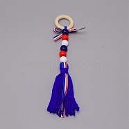 Independence Day Theme Wooden Ring & Woolen Yarn Tassels Pendant Decorations, with Wooden Beads, Dark Blue, 260mm(HJEW-TAC0013-05A)