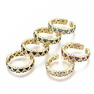 Brass Micro Pave Cubic Zirconia Cuff Rings, Open Rings, Real 18K Gold Plated, Nickel Free, Heart, Mixed Color, Inner Diameter: 18mm(RJEW-N032-002-NF)