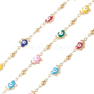 304 Stainless Steel Enamel Link Chains, Unwelded, Elephant with Evil Eye, Golden, 8.5~14.5x3.5~6.5x2.5~3mm(CHS-P016-27G)