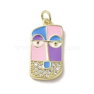 Brass Micro Pave Cubic Zirconia Pendants, with Enamel, with Jump Ring, Real 18K Gold Plated, Abstract Face, Pink, 23.5x11.5x2mm, Hole: 3mm(KK-E092-28G-01)
