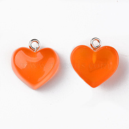 Transparent Resin Pendants, with Platinum Tone Iron Loop, Heart, Orange, 16.5x17x9.5mm, Hole: 1.8mm(X-RESI-R429-30I)